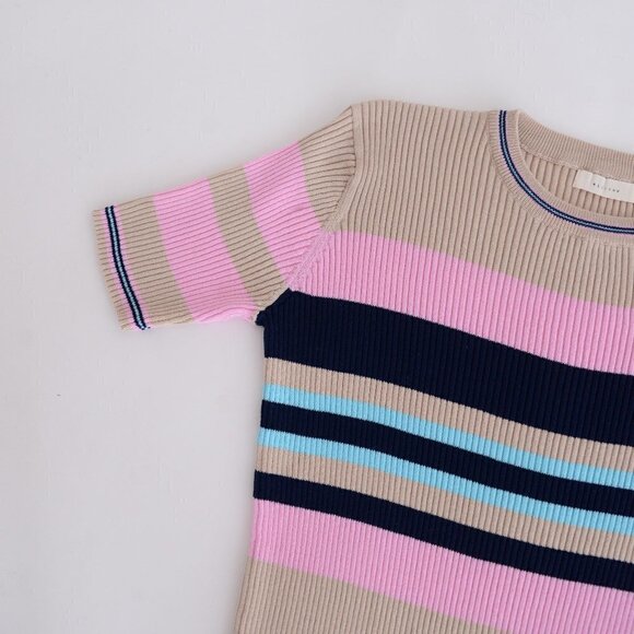 All Row Beige with Navy & Pink Stripe Bodycon Midi Short Sleeve Dress Medium - Picture 13 of 15